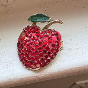 Red Rhinestone Vintage Apple Brooch
